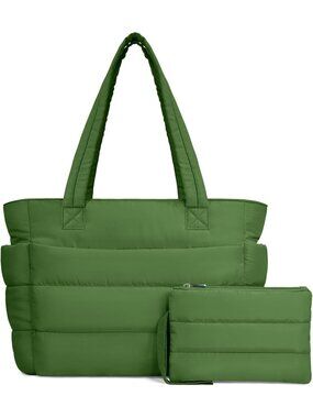 Women's Green Travel lightweight Puffy Tote Handbag Quilted Shoulder Bag